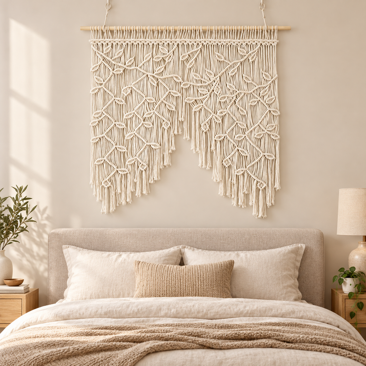 A cream macrame wall hanging with intricate woven patterns and long fringe, suspended from a wooden rod above a neatly made bed in a warm, neutral-toned bedroom.