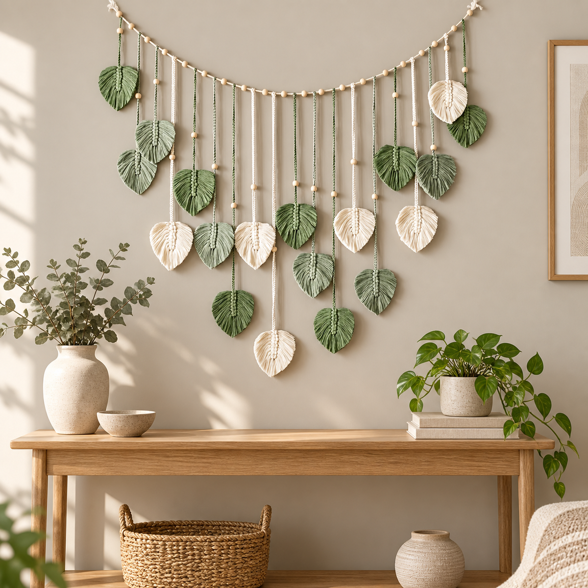 Leaf garland above an oak console with plants in a sunlit boho living room