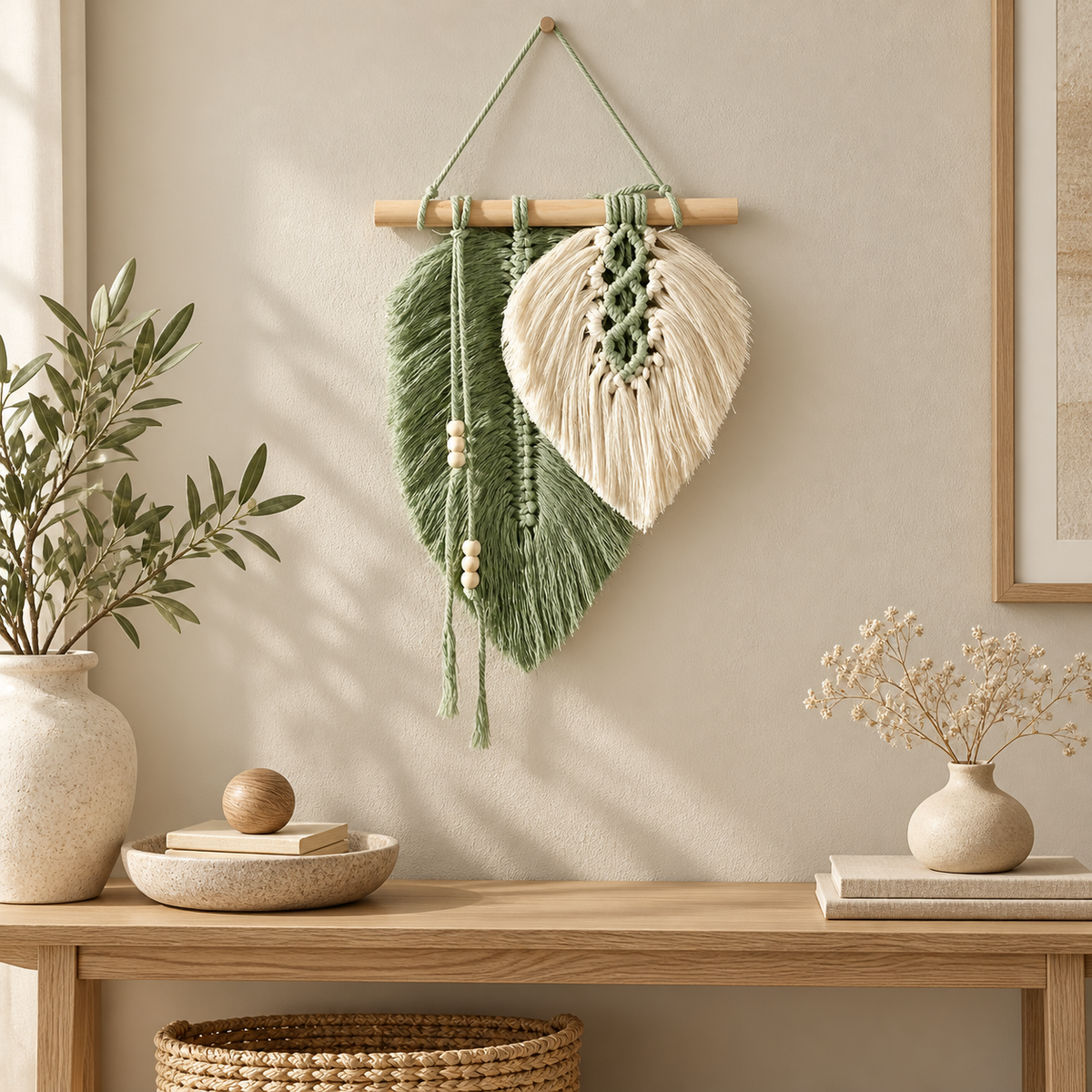Macrame leaf wall hanging above a light wood console with a ceramic vase