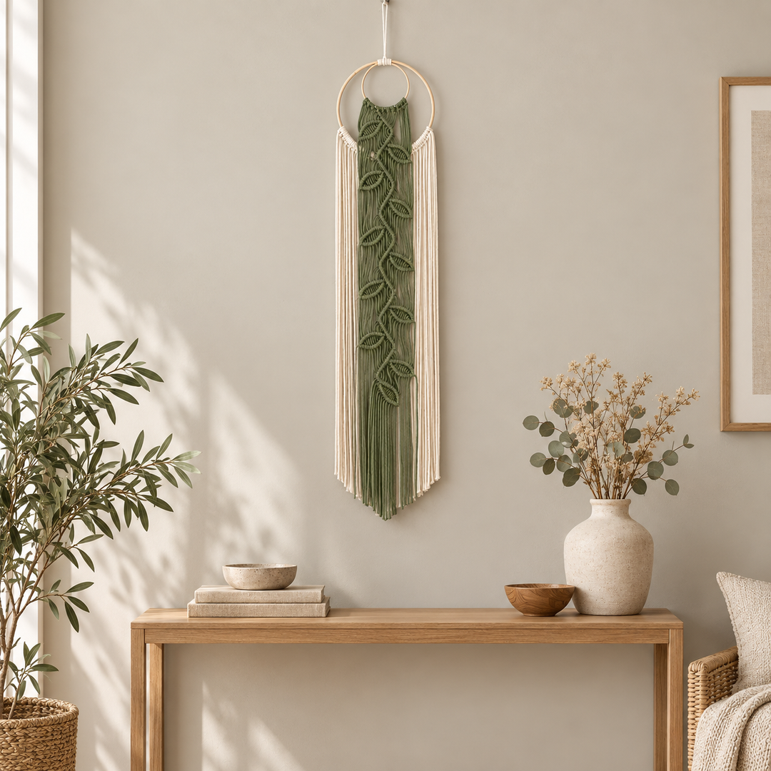 Green leaf vine wall hanging above a light wood console in a boho living room