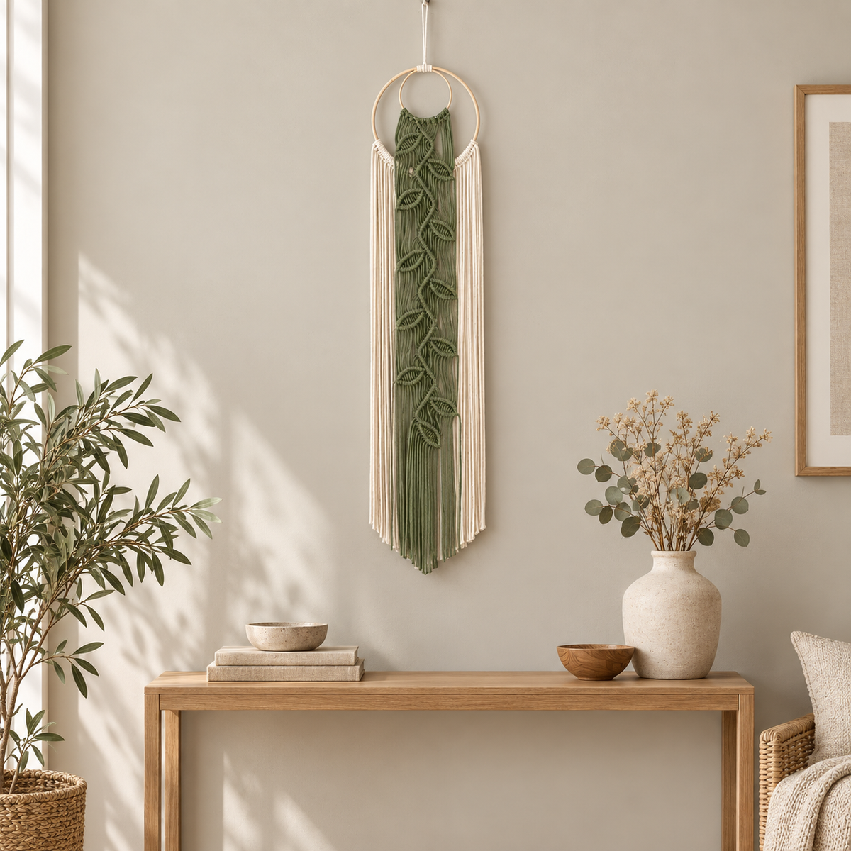 Green leaf vine wall hanging above a light wood console in a boho living room