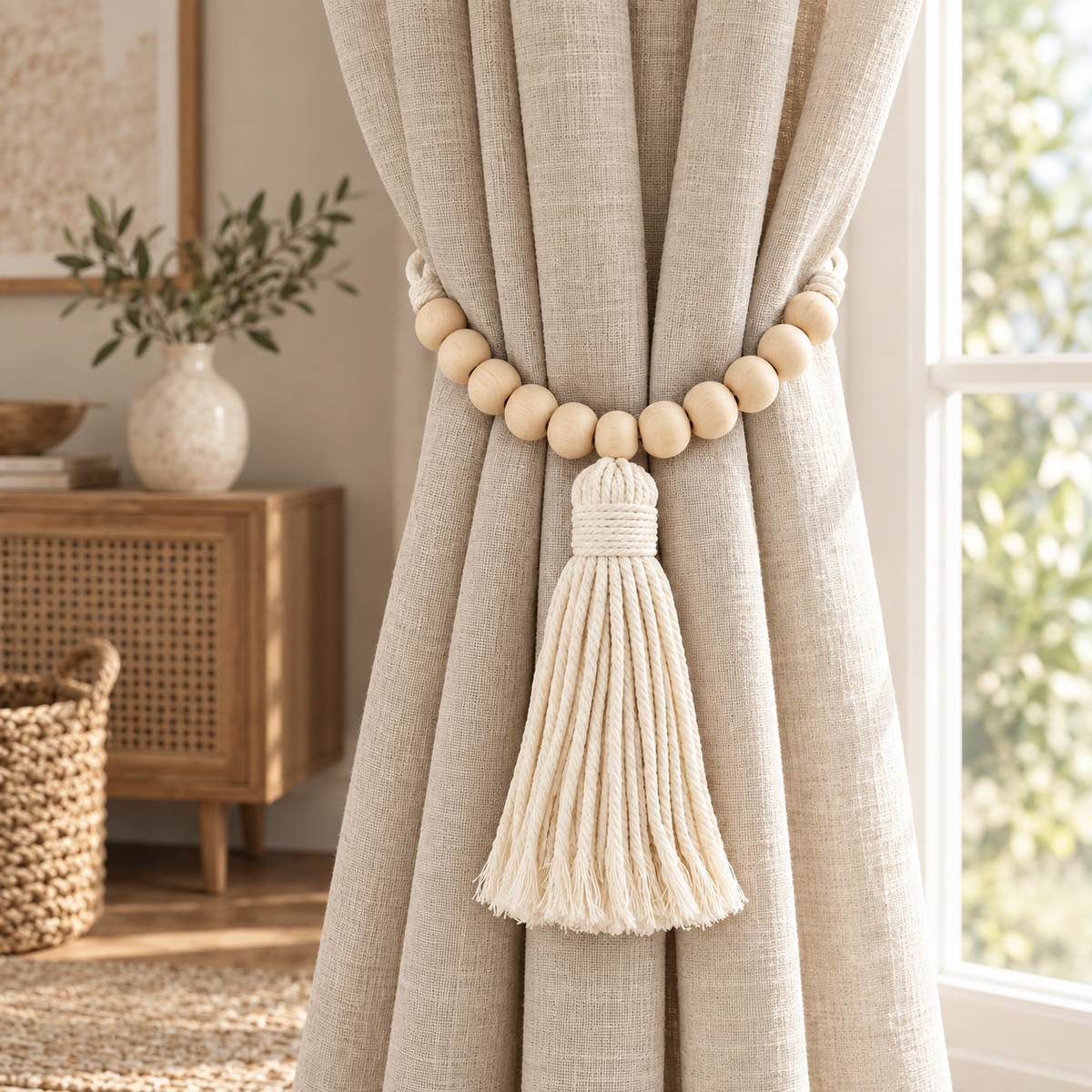 Cream beaded curtain tie back gathering a linen curtain by a boho window