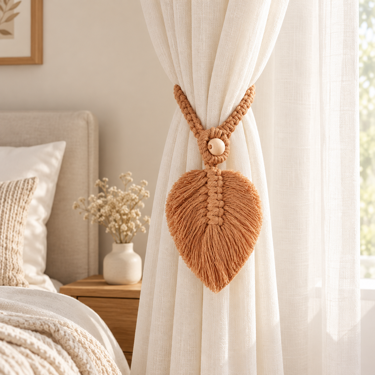 Bedroom curtain beside a bed, macrame leaf holdbacks in 6 colors