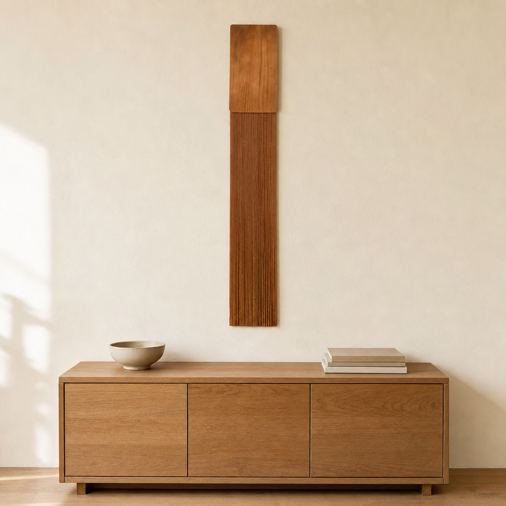 Wood Top Cord Panel, 15 x 100 cm, 5 Colors hung on the wall above an oak sideboard