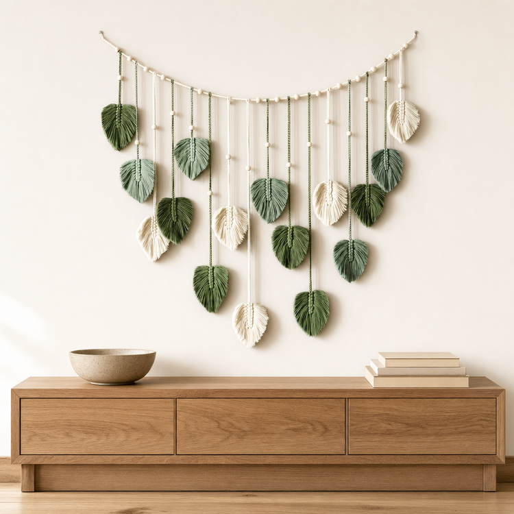 A macrame wall hanging with woven green and cream leaf-shaped ornaments suspended from a curved string, displayed on a light beige wall above a wooden console table with a bowl and books.