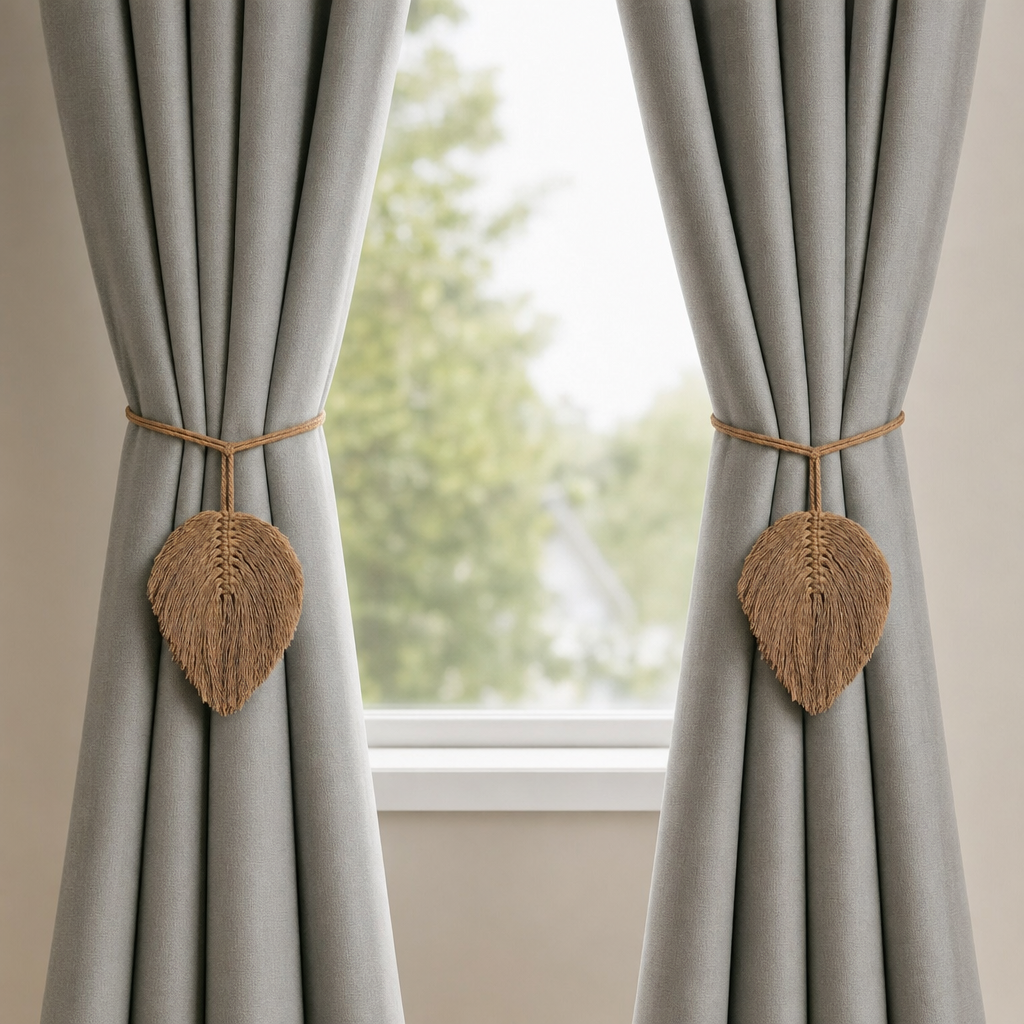 Macrame Leaf Curtain Tieback, Single or Pair holding back one of a pair of curtains at a window