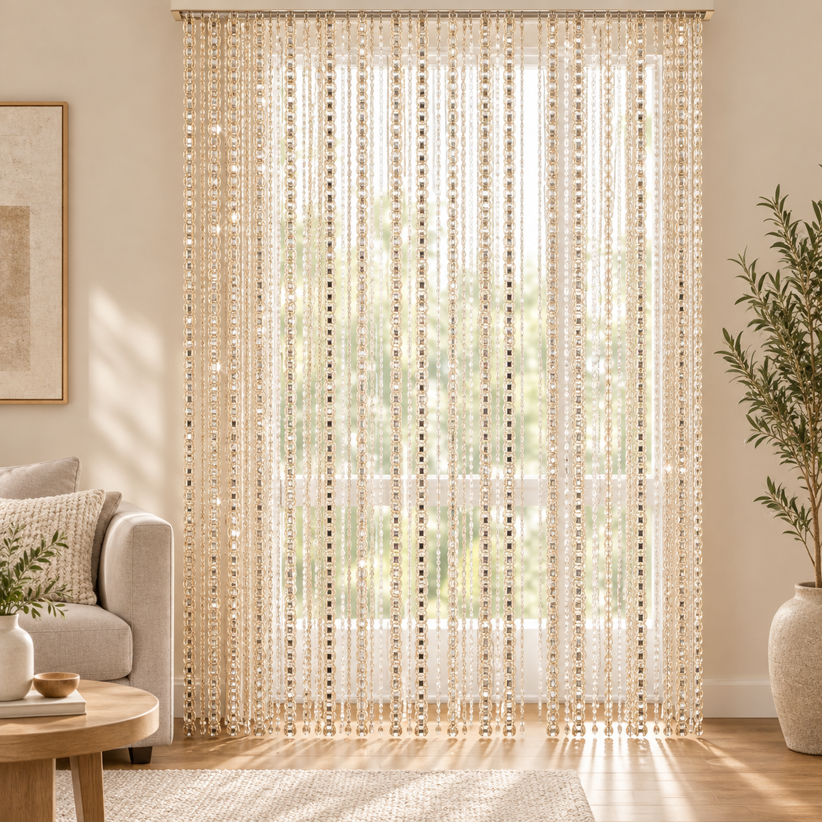 Champagne strands held in a hand, shimmer string door curtain
