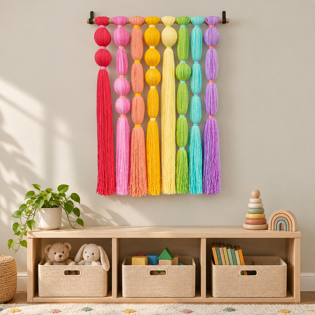 Playroom above a toy storage bench, rainbow tassel wall hanging