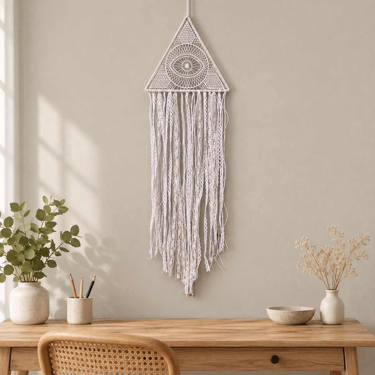 Creative studio above a desk, hoop, moon or eye triangle, fine knotted and crocheted cord, wrapped hoop or frame