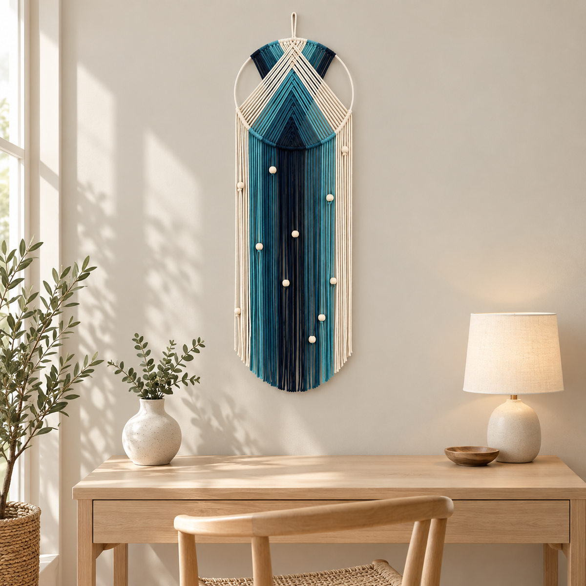 Hoop wall hanging with beads above a light wood desk and table lamp