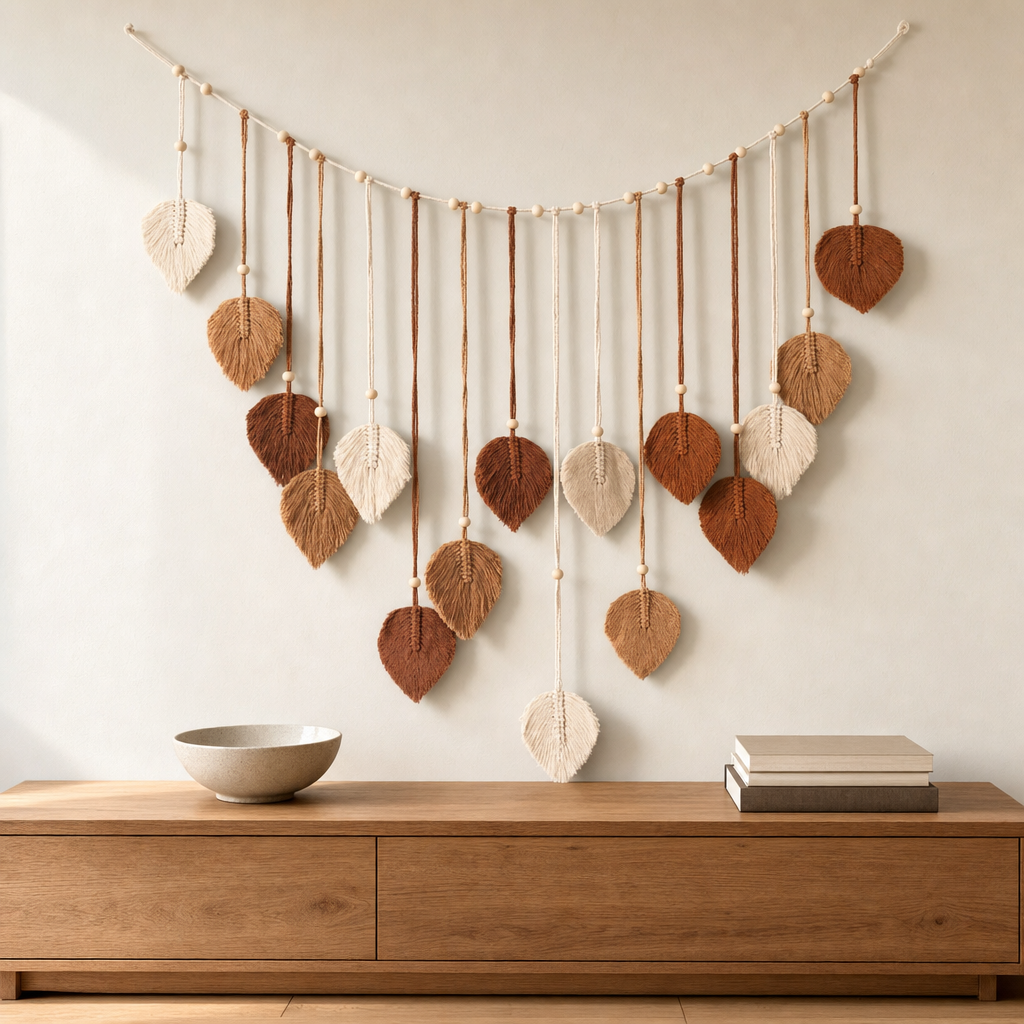 Beaded Cord Wall Garland, 120 cm, Leaf or Tassel Ends hung on the wall above an oak sideboard
