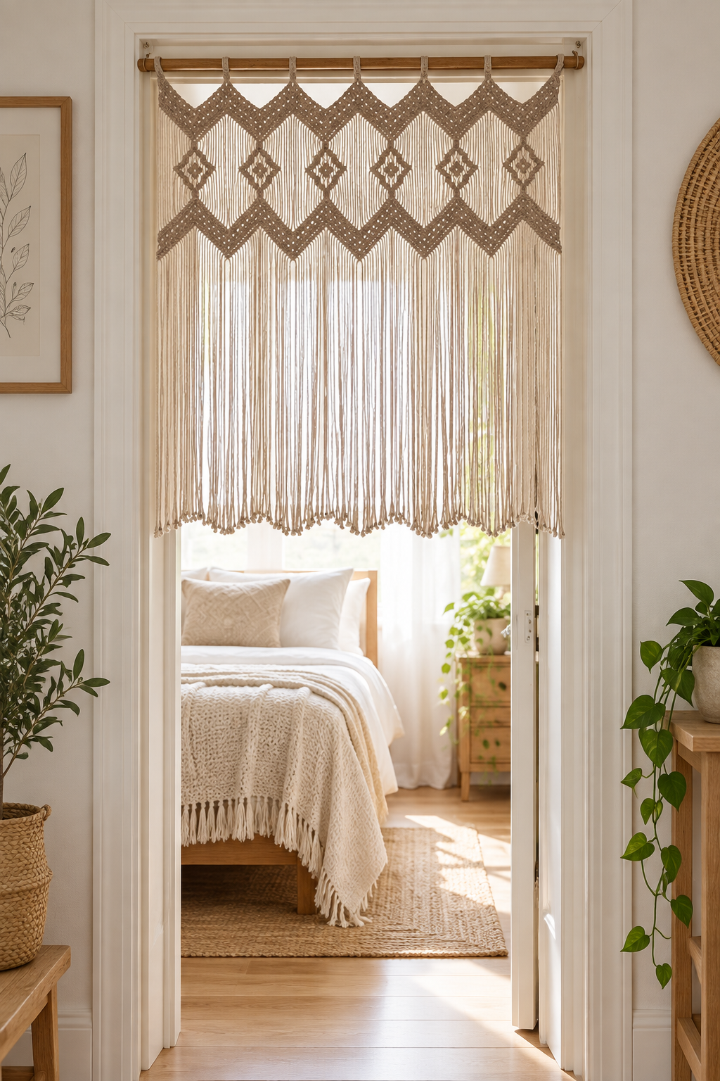 Doorway between hall and bedroom, macrame window panel in 2 sizes
