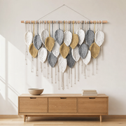 Macrame Leaf Wall Hanging, 10, 15 or 21 Leaves hung on the wall above an oak sideboard