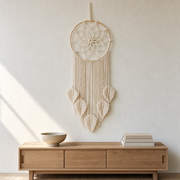 Macrame Dream Catcher Wall Hanging, 3 or 5 Leaf Tassels hung on the wall above an oak sideboard
