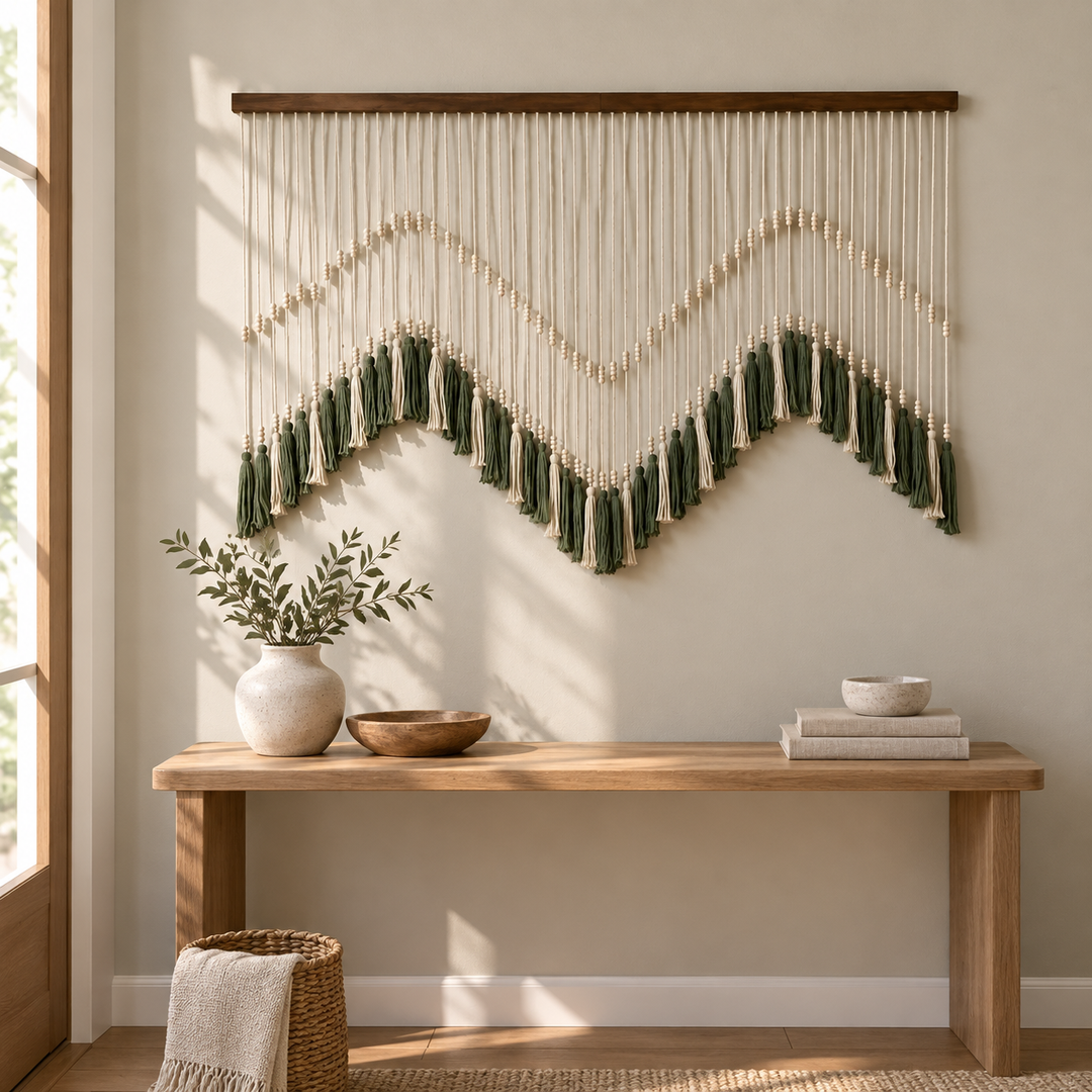 Entry console wall, beaded zigzag tassel panel, m or n wave, twisted cord, round pale wooden beads
