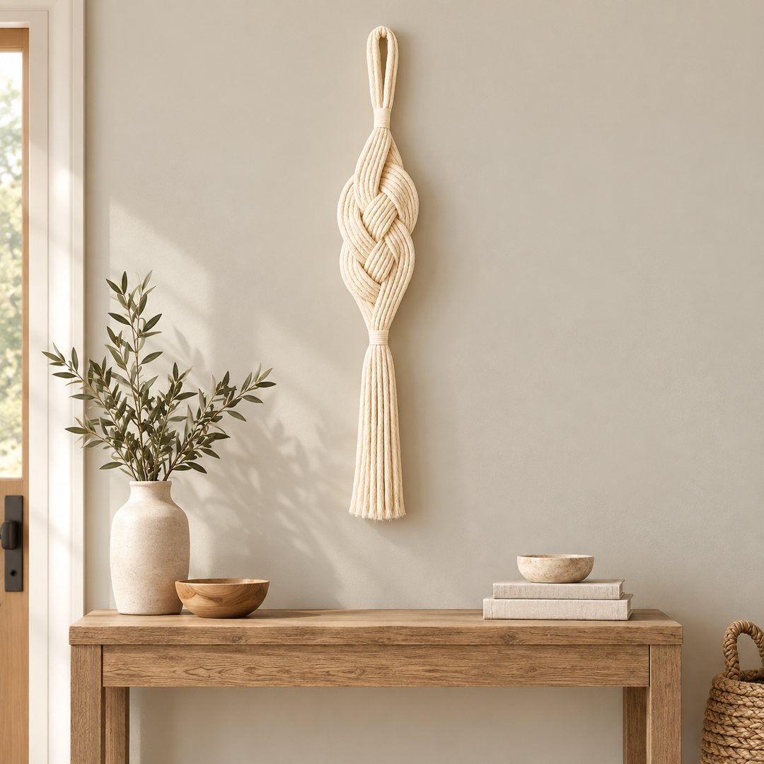 Entry accent wall beside a console, braided rope wall pendant