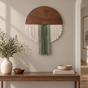 Entry display above a console table, 40 x 40 or 40 x 50 cm wood and fringe disc