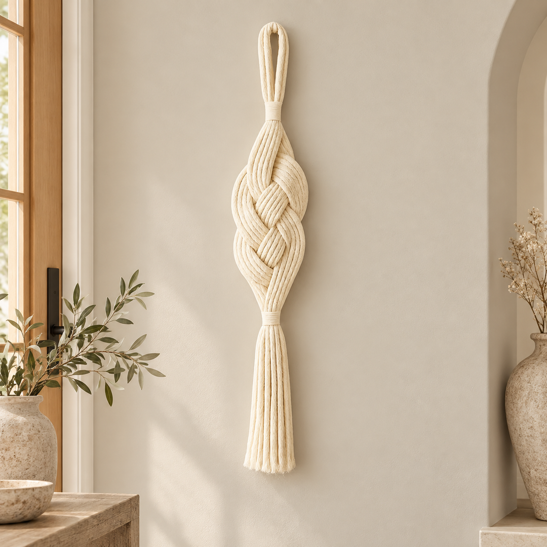 Entry or event wall in an arched alcove, plaited rope column in cream