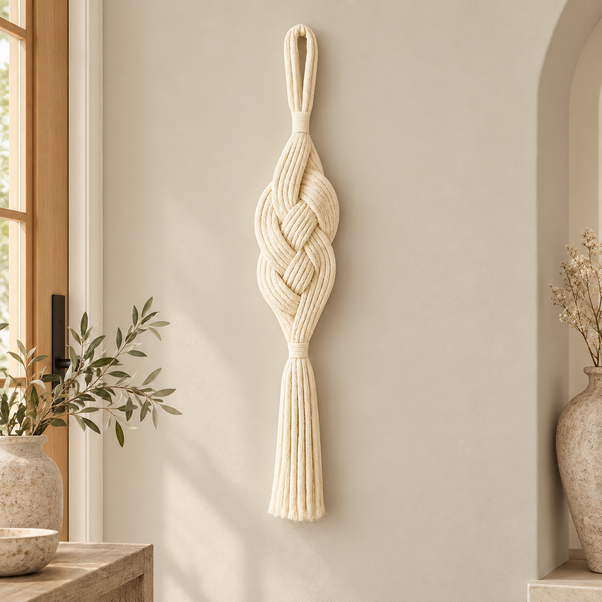 Entry or event wall in an arched alcove, plaited rope column in cream