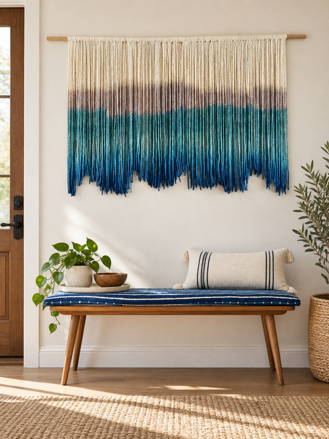 Entryway above a bench, dip dyed fringe, 5 sizes, fine twisted cord, natural wooden pole