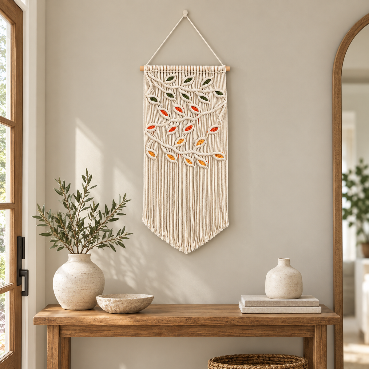 Macrame leaf pennant above a wooden console beside an arched mirror