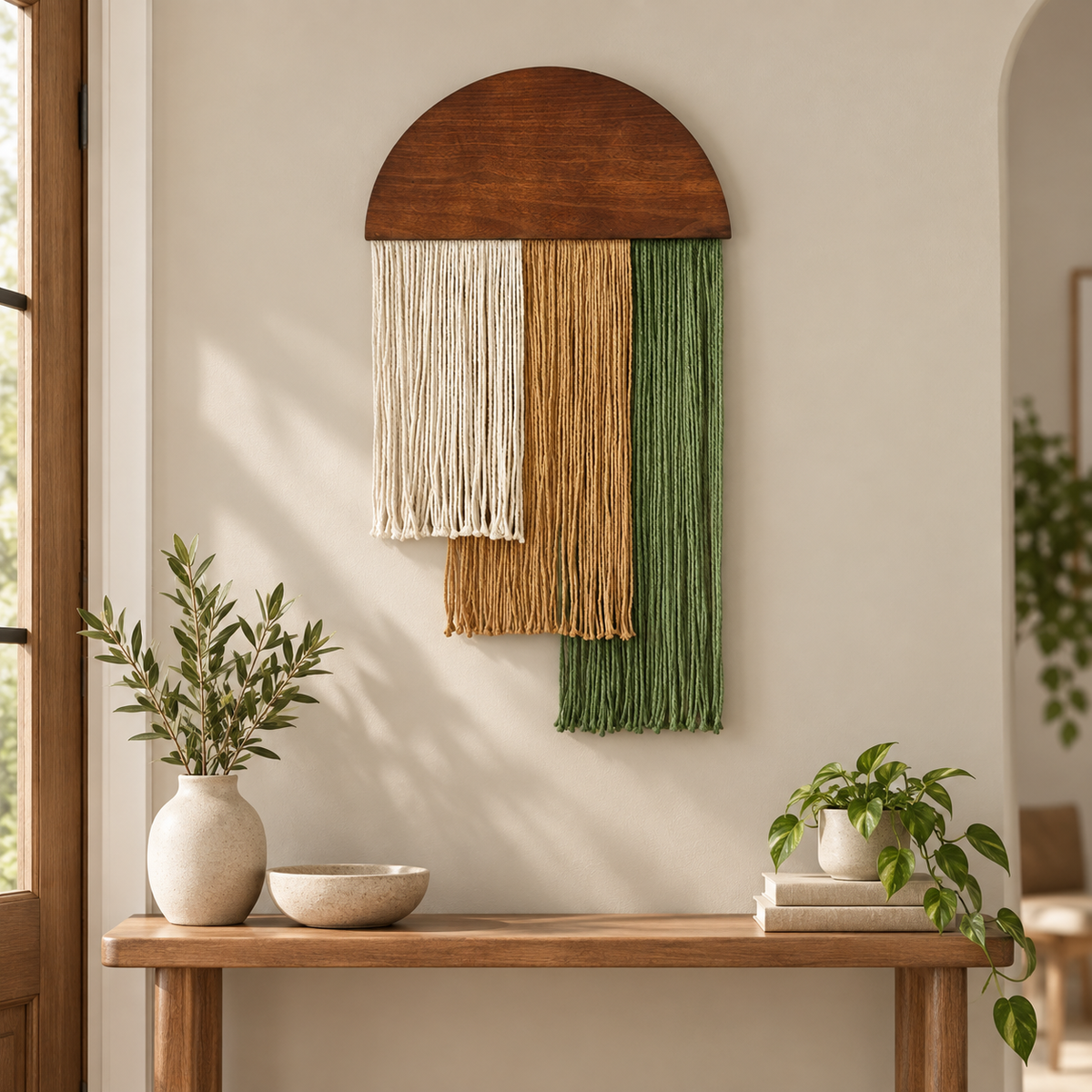 Entryway above a console table, wood dome over three stepped fringe blocks