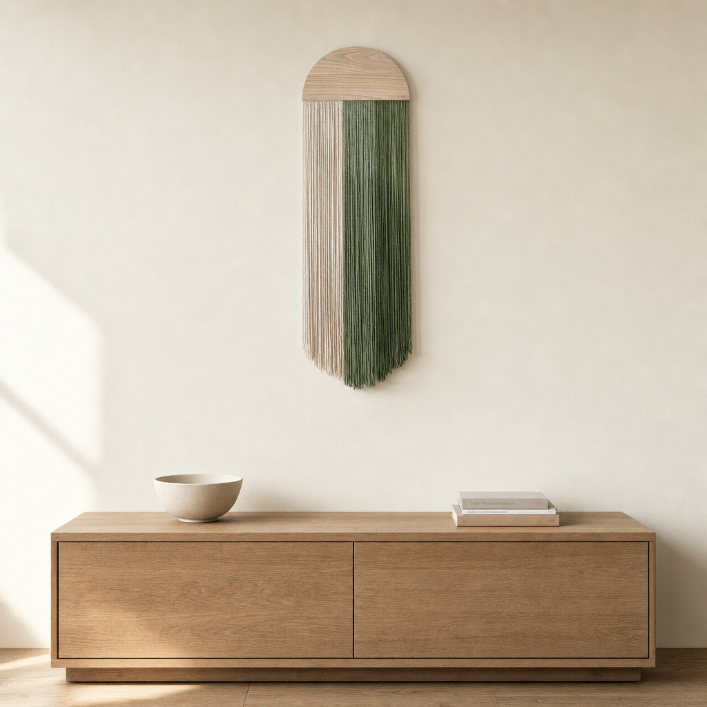 Arched Board Cord Hanging, 30 x 85 cm, 3 Colors hung on the wall above an oak sideboard