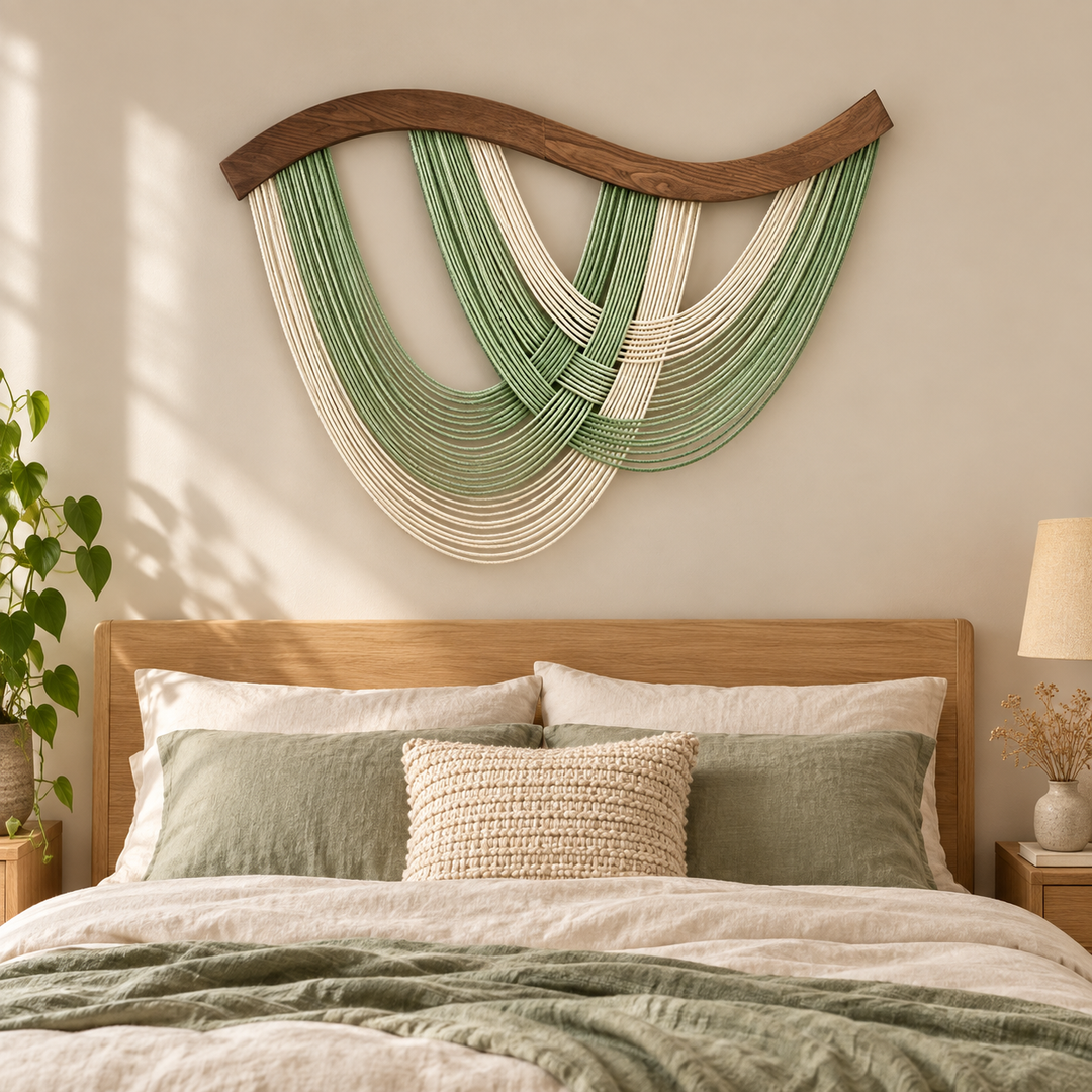 Bedroom above a headboard, crossed swags in four colors, twisted cord, dark stained wave-cut wood rod