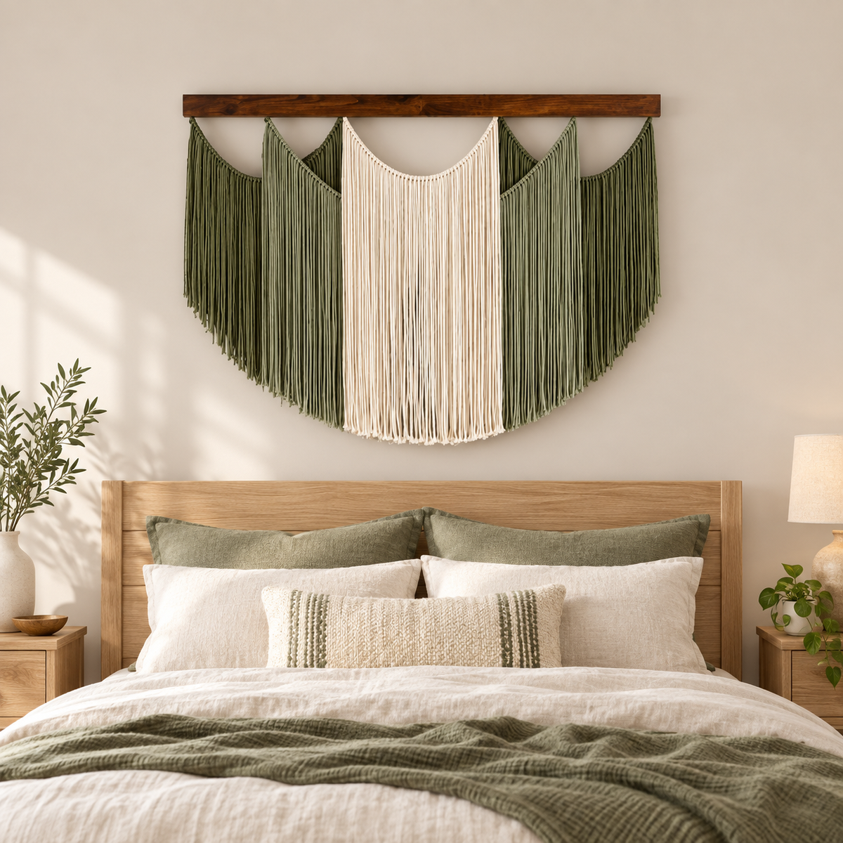 Bedroom above a headboard, shield panel, 4 colors, twisted cord, dark stained wood batten