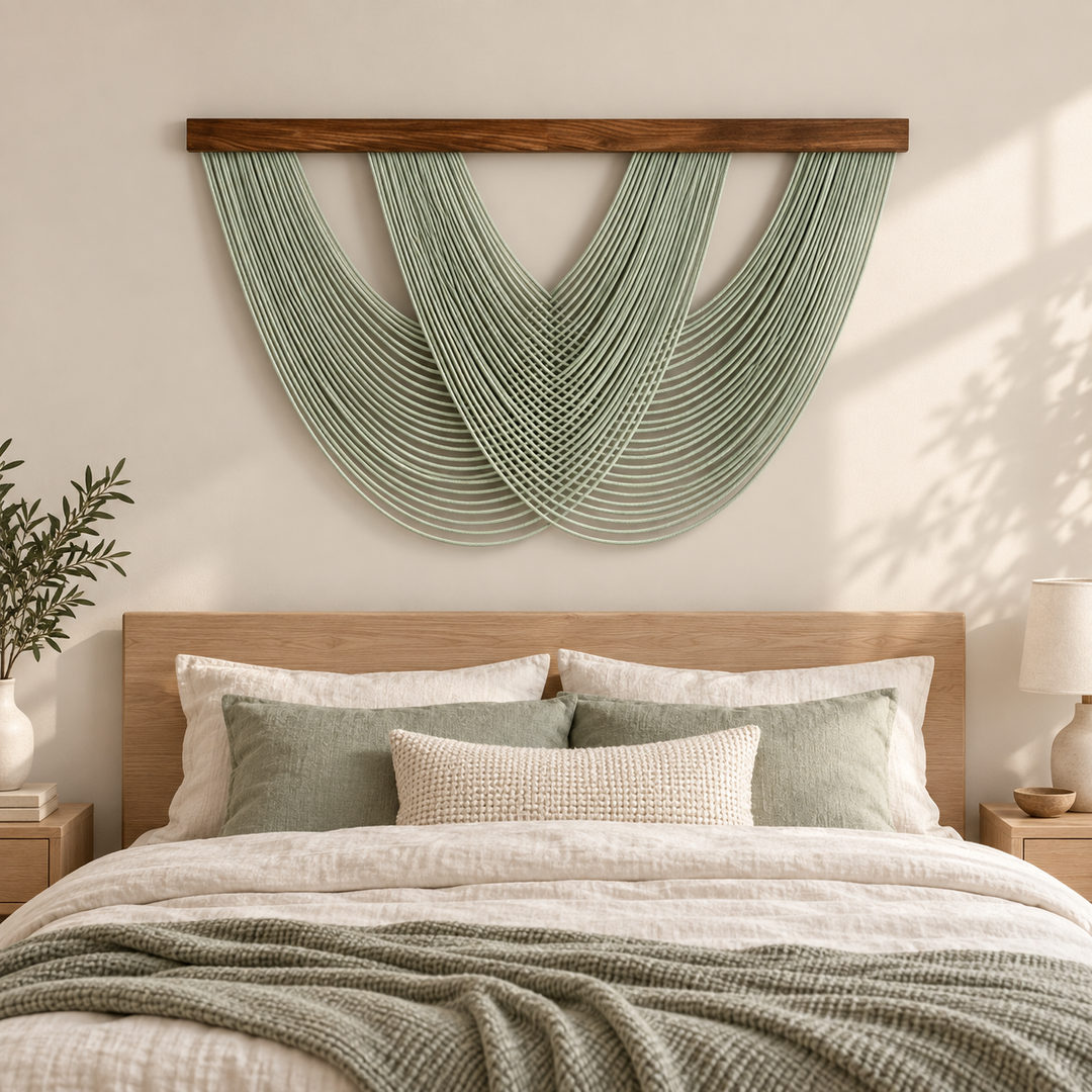 Bedroom above a headboard, woven lattice swag in 3 colors, twisted cord, dark stained wood batten