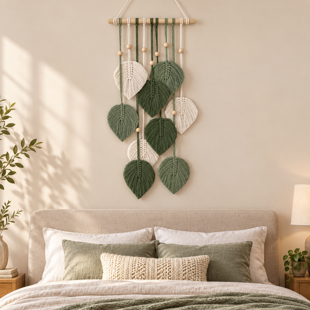 Bedroom above a headboard, macrame leaf cascade on a dowel, twisted cord, combed flat at the leaves, pale wooden dowel