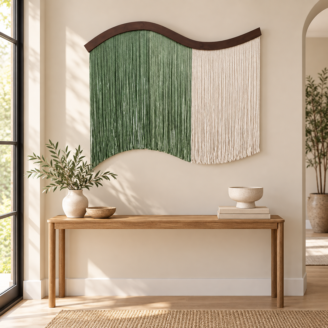 Entryway above a console, color block fringe curtain, twisted cord, dark stained wave-cut board