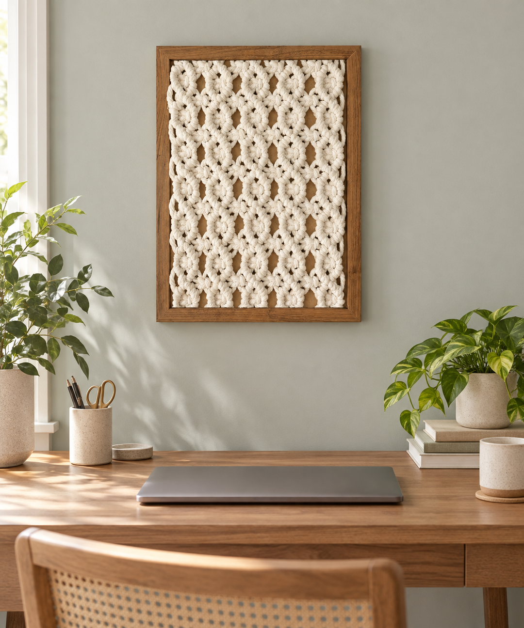 Style-10 taupe, macrame panel in 13 knot styles, twisted cord, stained wood frame