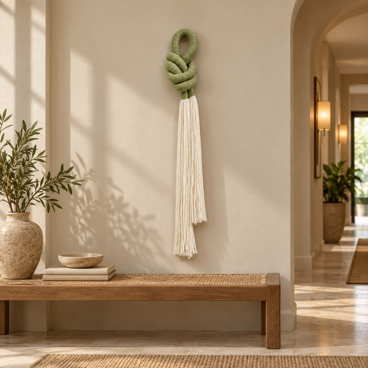 Hotel corridor above a bench, rope knot with a cream tassel, thick three-strand twisted rope, fine combed cord tassel