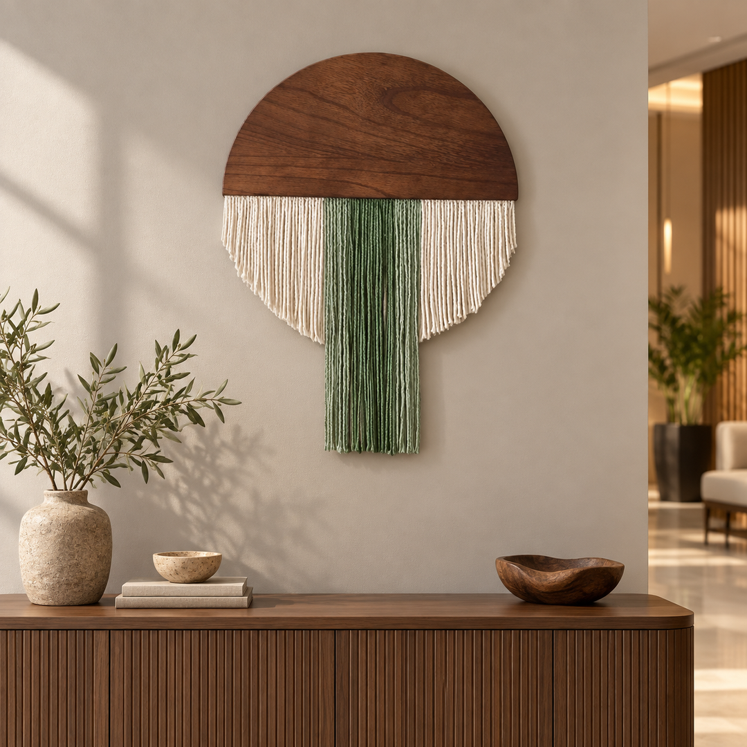 Hotel lobby above a sideboard, wood half disc in four fringe silhouettes