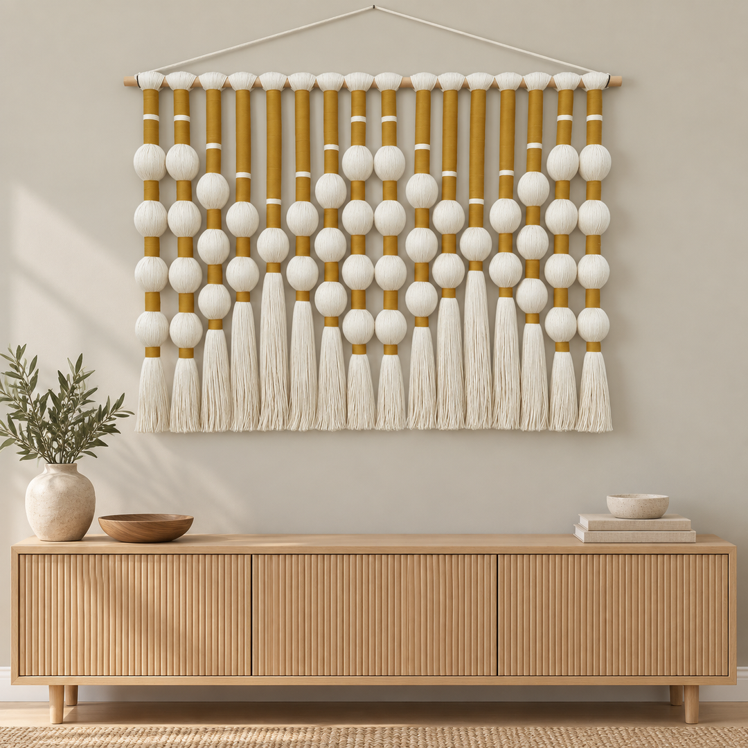 Living room above a console, bead grid and tassels, yarn-wrapped spheres, wrapped cord