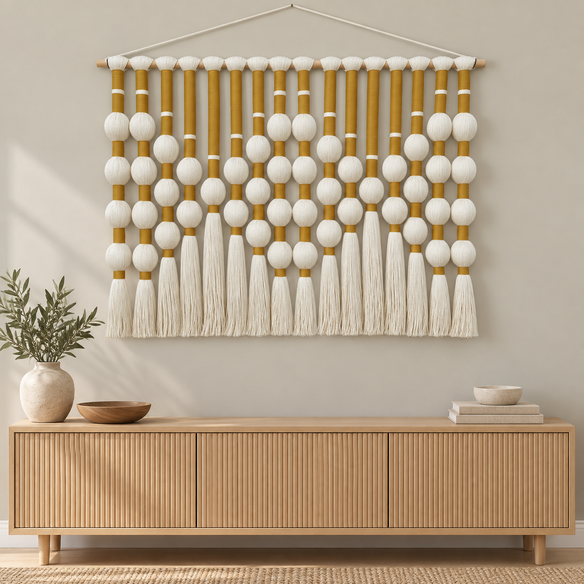 Living room above a console, bead grid and tassels, yarn-wrapped spheres, wrapped cord
