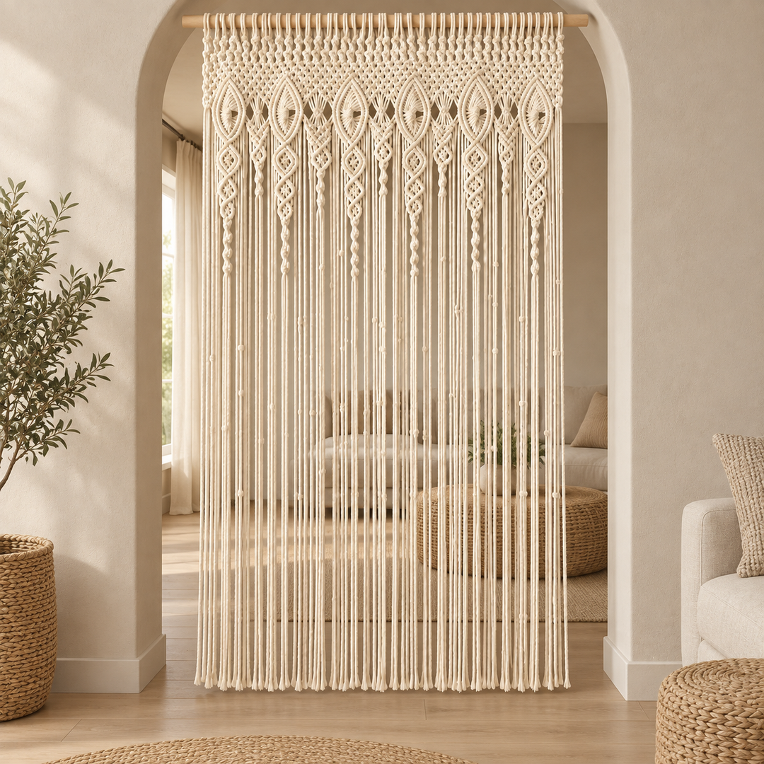 Cream macrame door curtain hung in an arched living room opening with light beyond