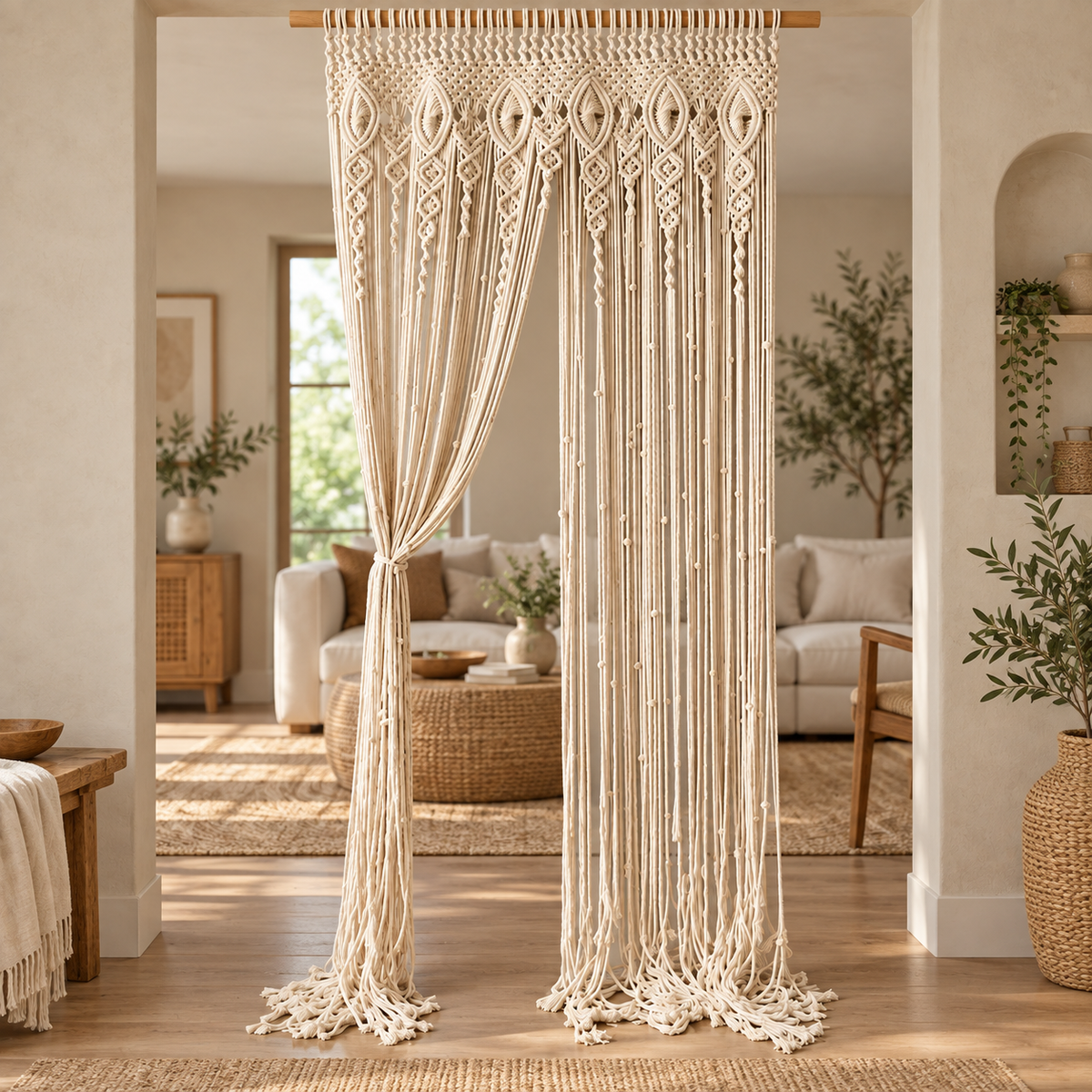 Macrame curtain dividing a living room, one side tied back to the frame