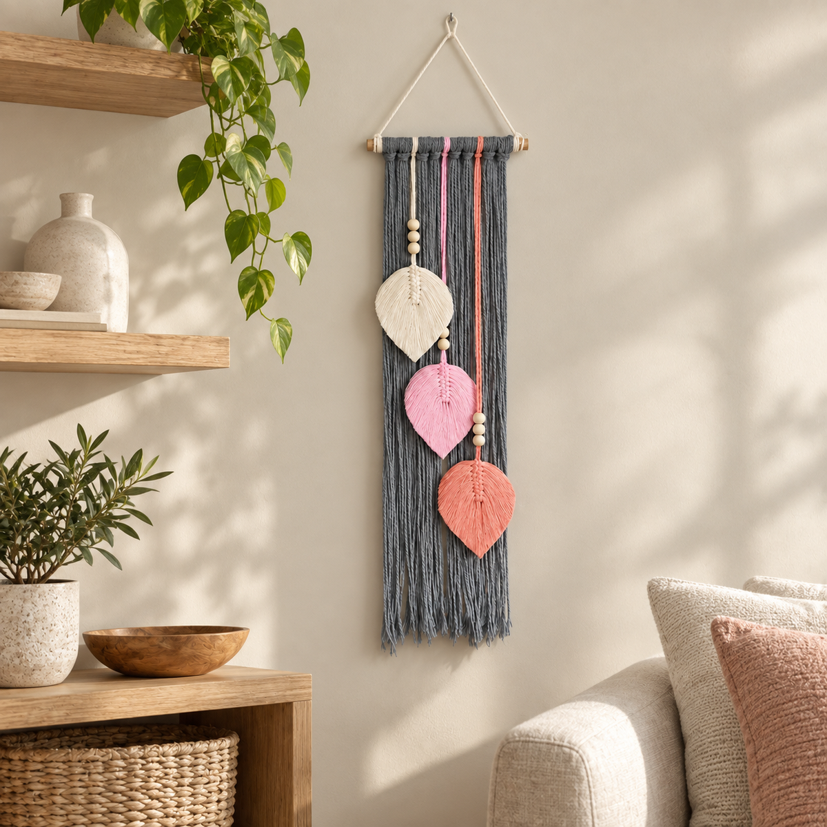 Living room beside a shelf with trailing plant, macrame leaf trio