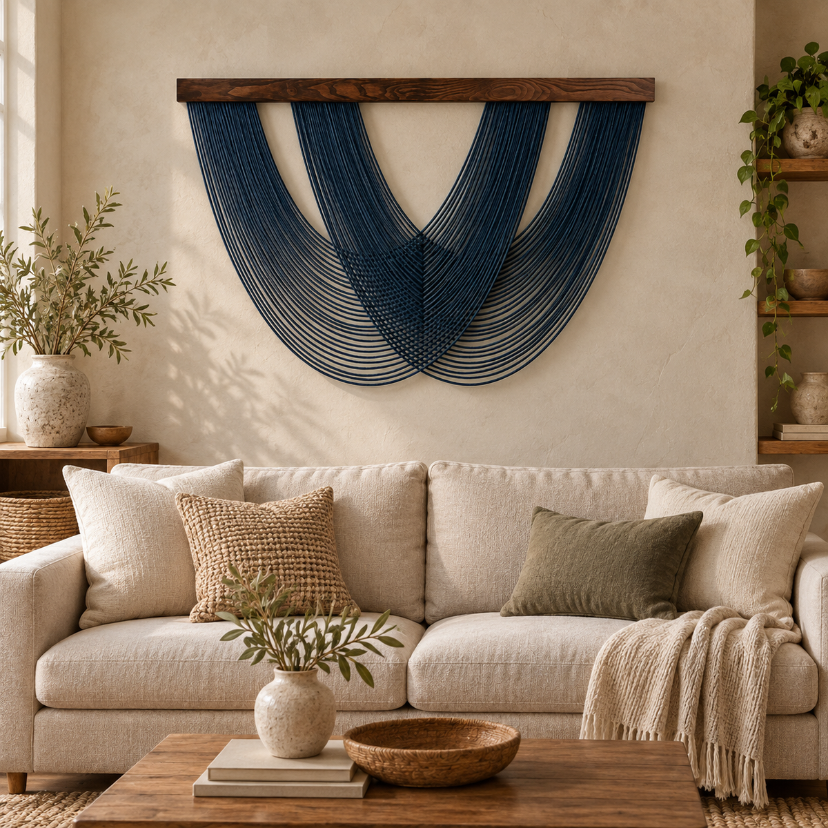 Wide woven swag wall hanging above a cream three seat sofa in a living room