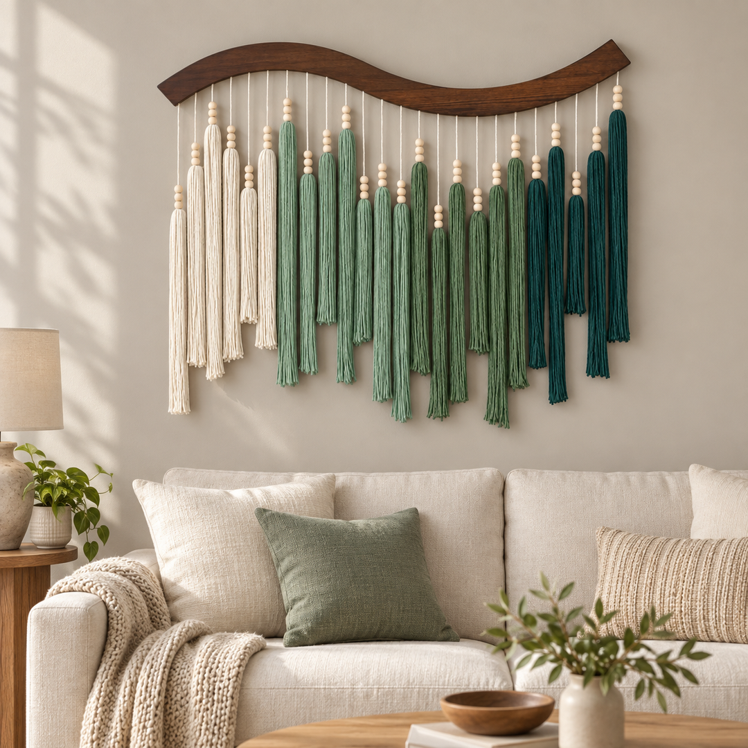 Beaded tassel wall hanging on a curved batten above a cream sofa