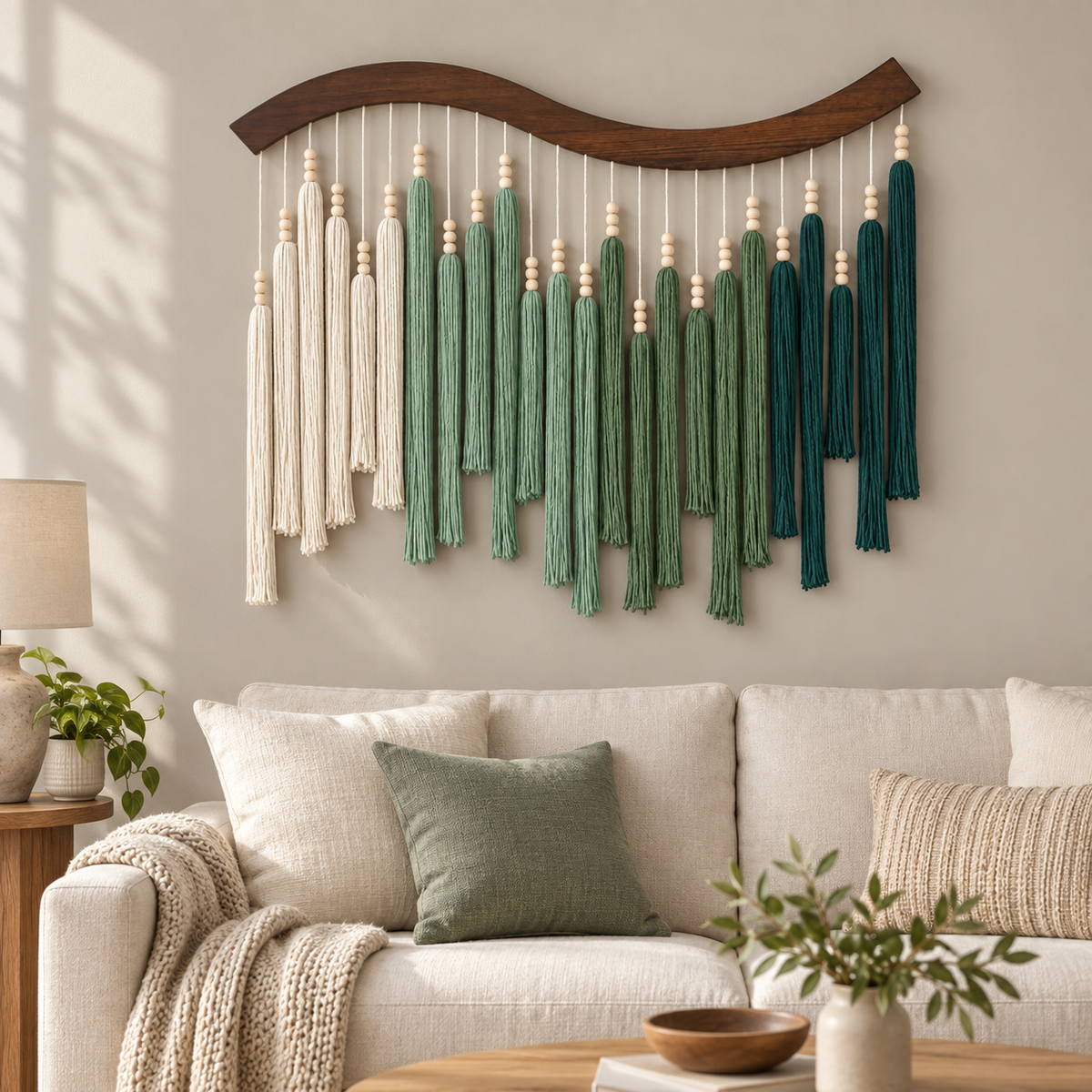 Beaded tassel wall hanging on a curved batten above a cream sofa