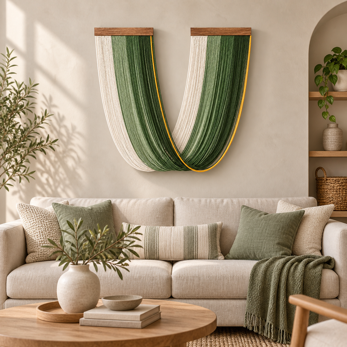 Green swag wall hanging above a cream sofa in a bright living room