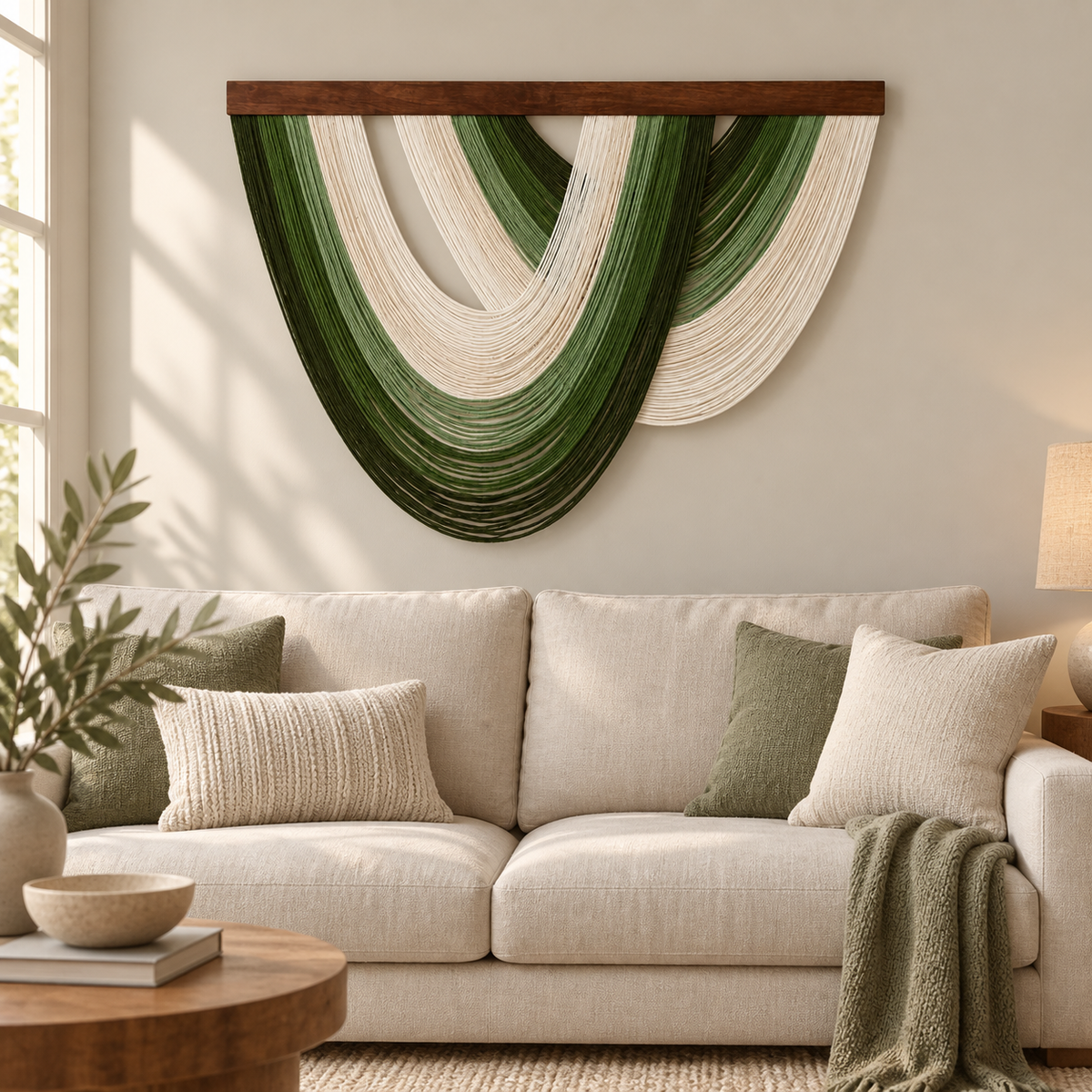 Green fan wall hanging above a cream three seat sofa in a living room