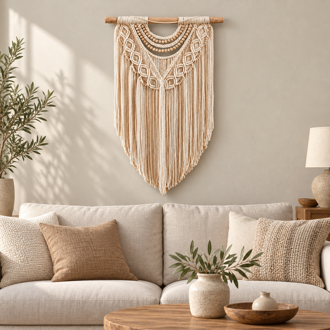 Cream macrame wall hanging with bead swags above a sofa in a living room