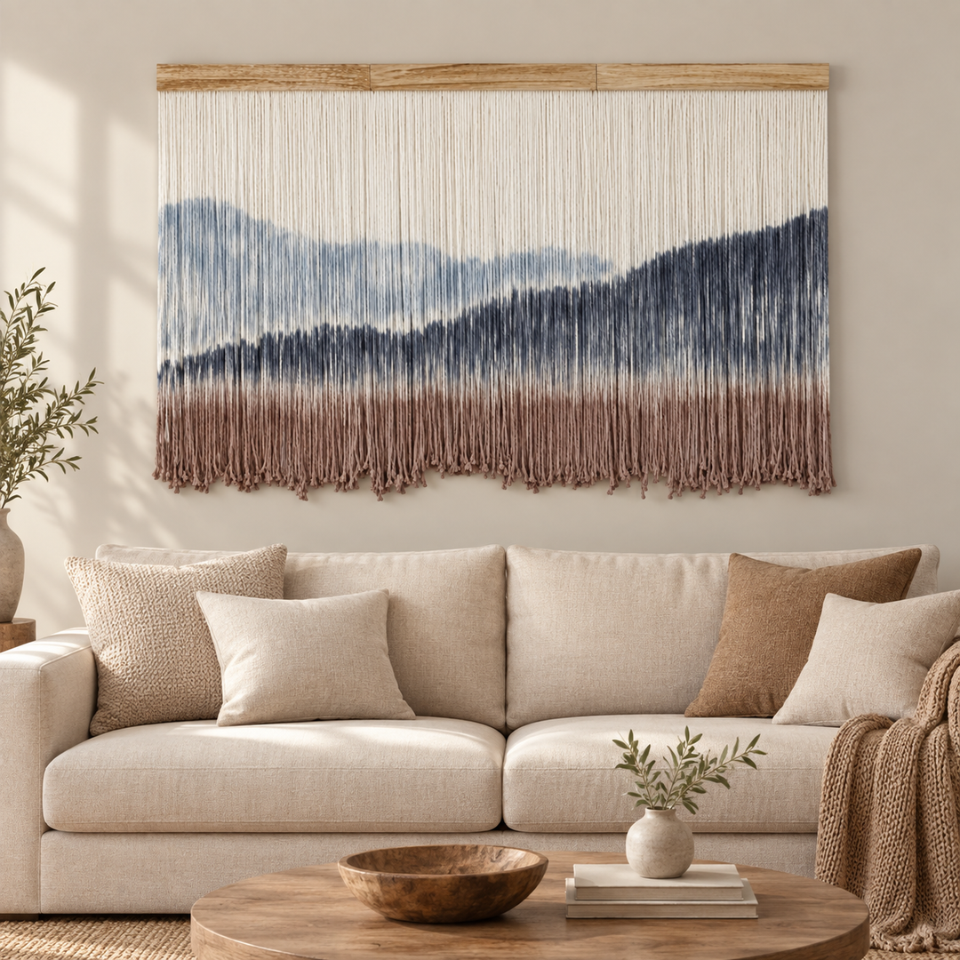 Large dip dyed landscape wall hanging above a cream three seat sofa