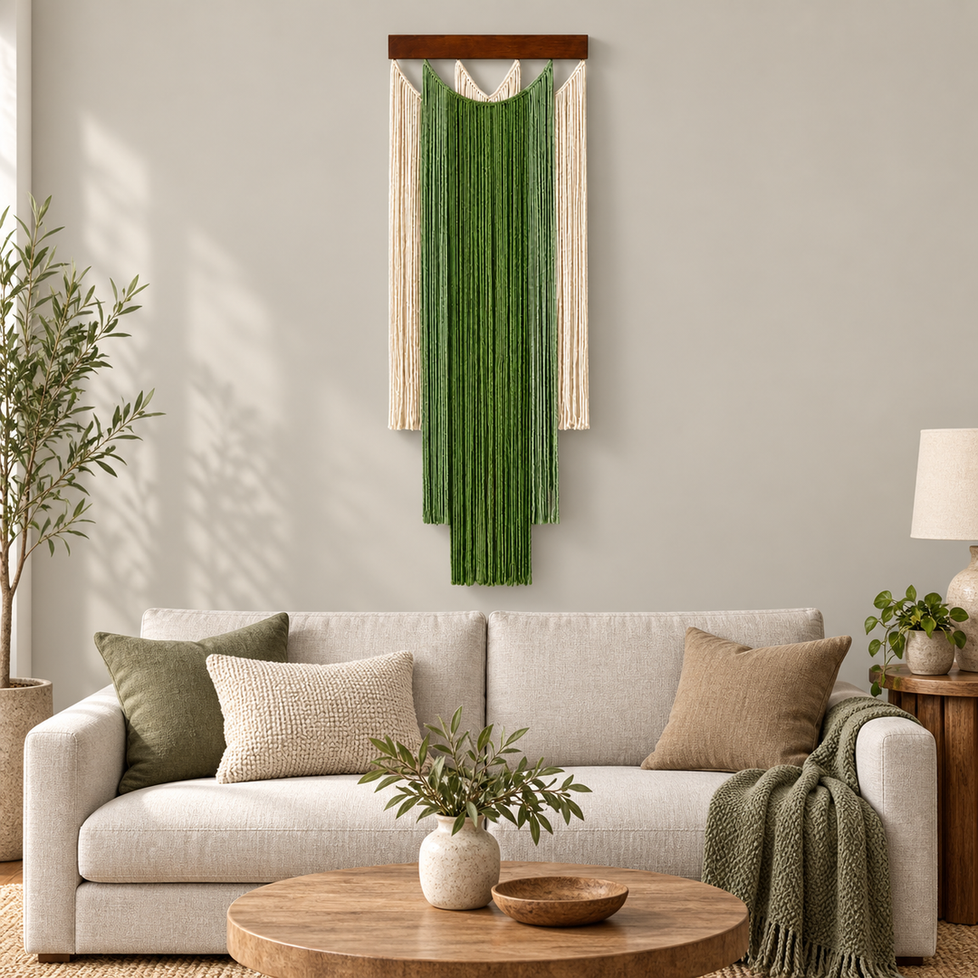 Layered green fringe wall hanging above a cream sofa in a living room