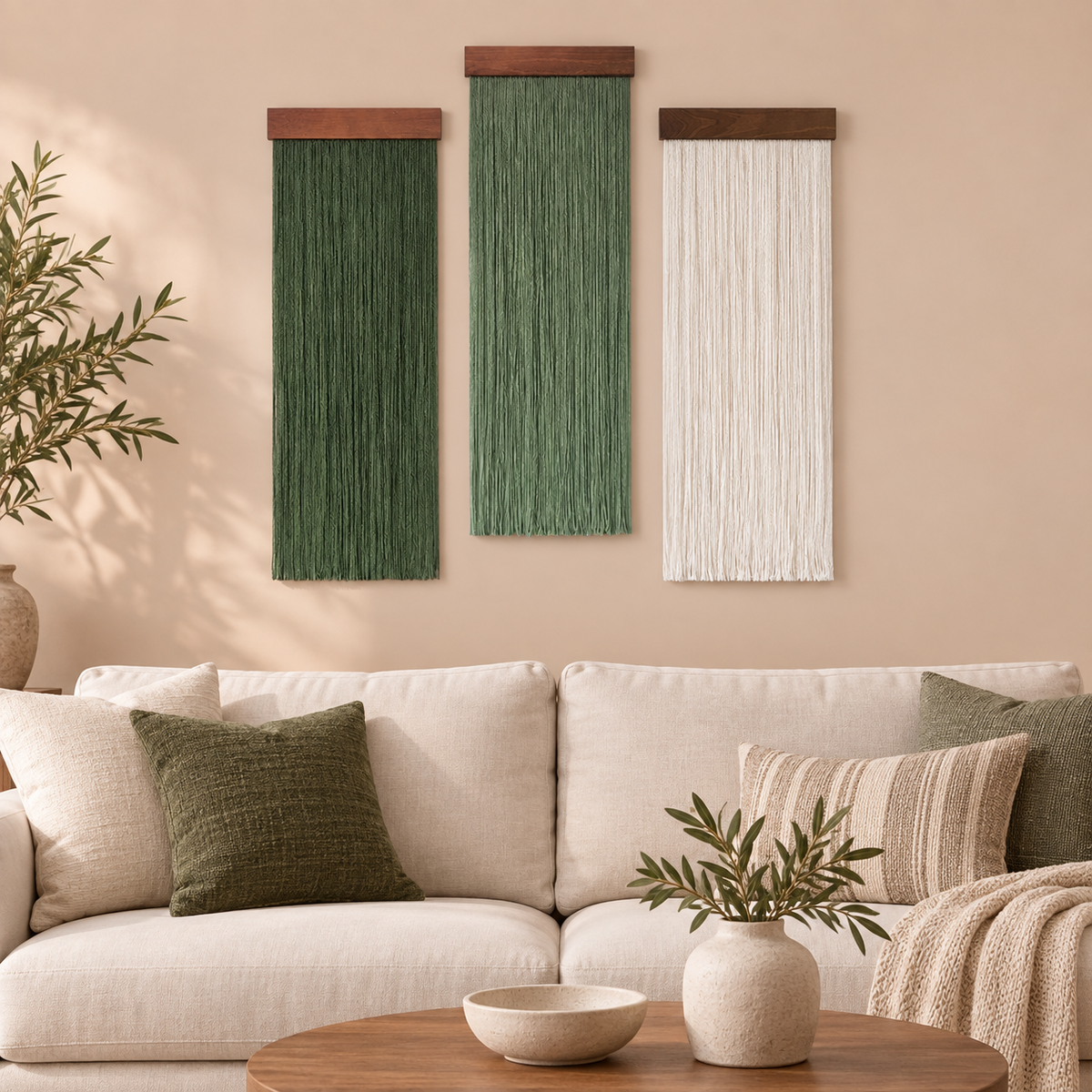 Set of three fringe panels above a cream sofa in a bright living room