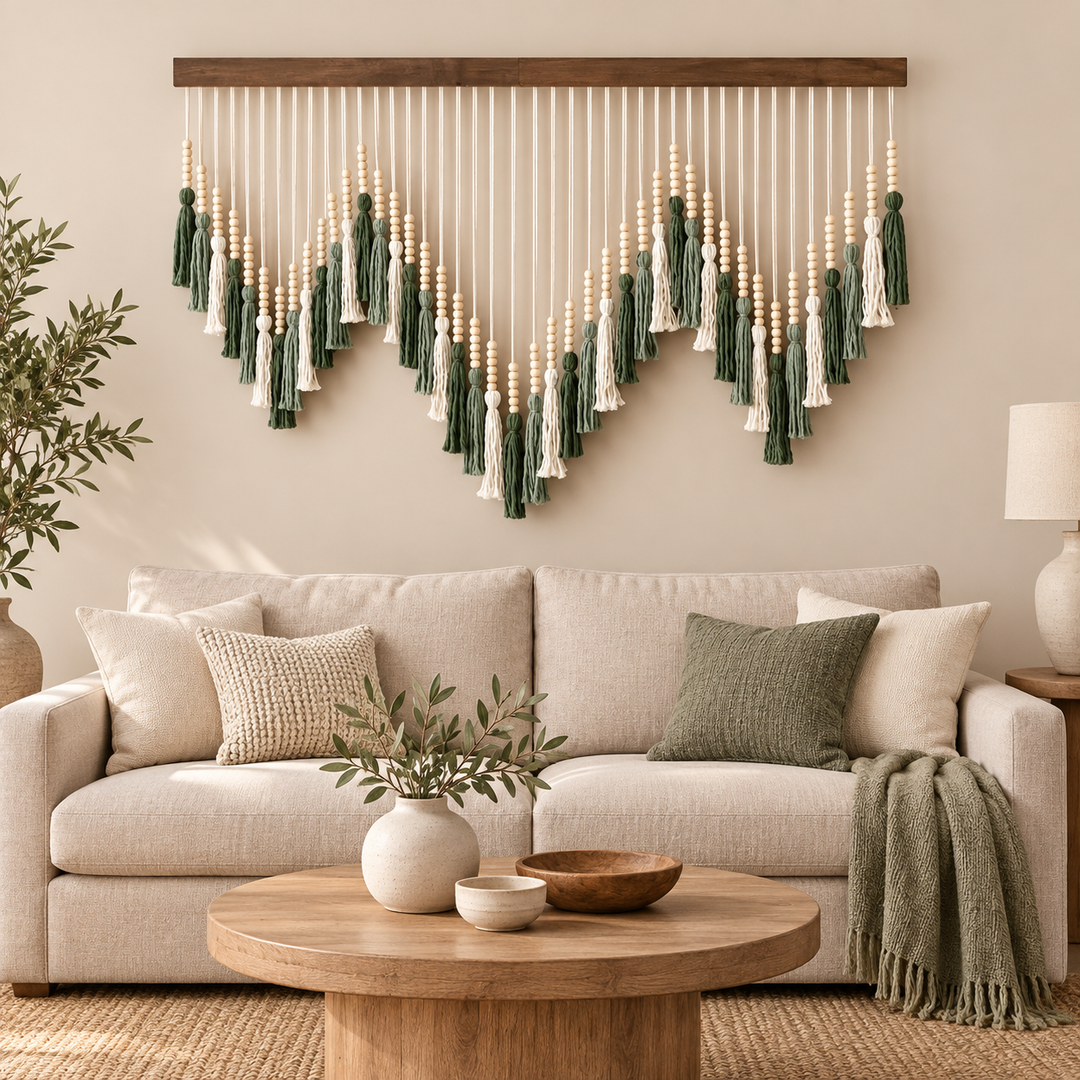 Beaded tassel wall hanging in a wave shape above a cream sofa